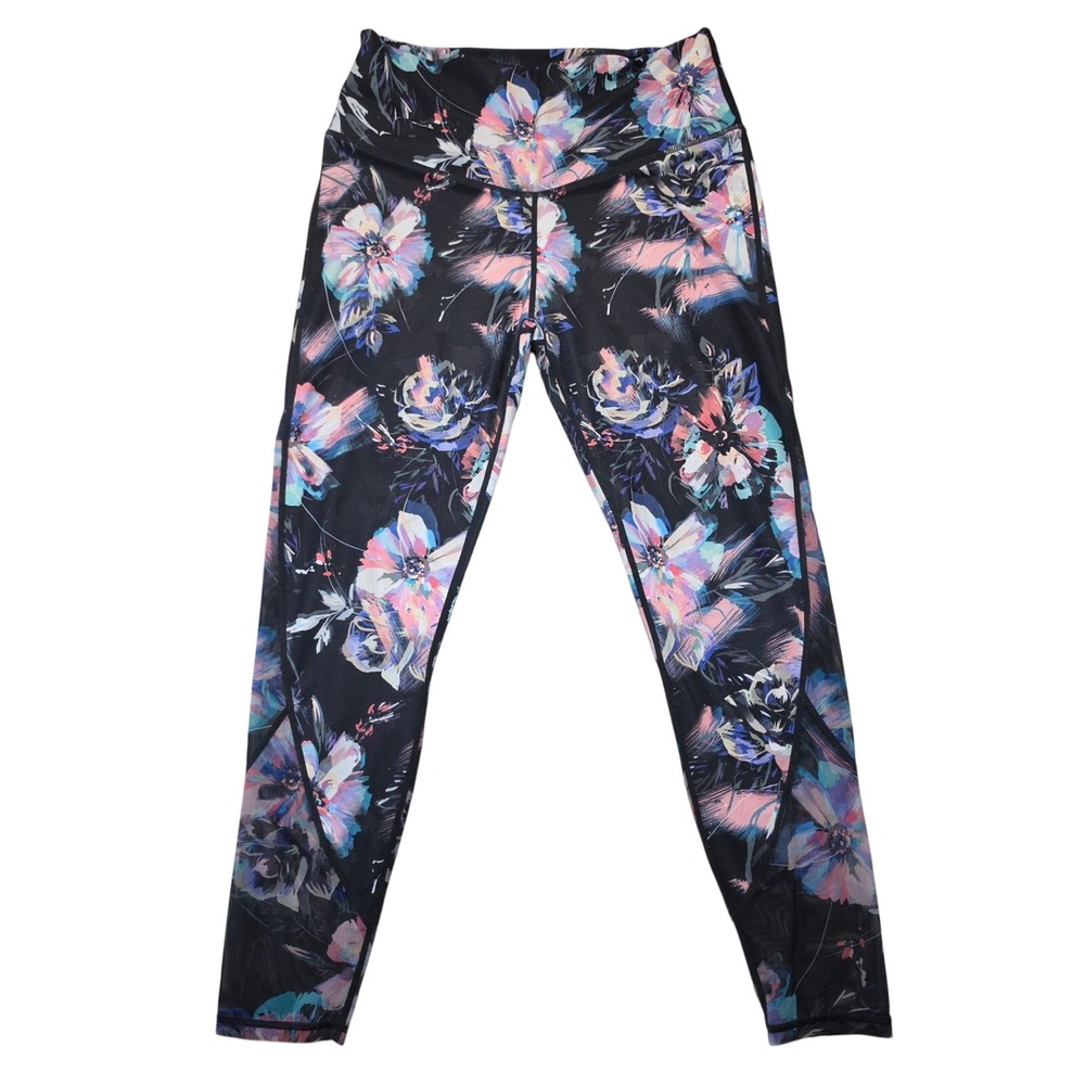 Fabletics Floral Mesh Panel High Waisted Leggings Black Purple Womens L? No sz